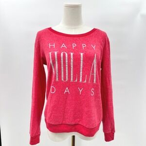 Womens Red Happy Holla Days Fuzzy Long Sleeve Christmas Sweatshirt Top XS